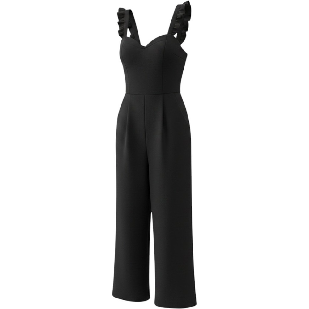 Moa Moa Womens Black Ruffle Strap Sweetheart Neck Wide‎ Leg Jumpsuit Large